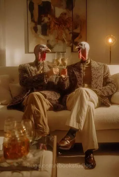 Two anthropomorphic turkeys in suits toasting with champagne flutes on a couch.