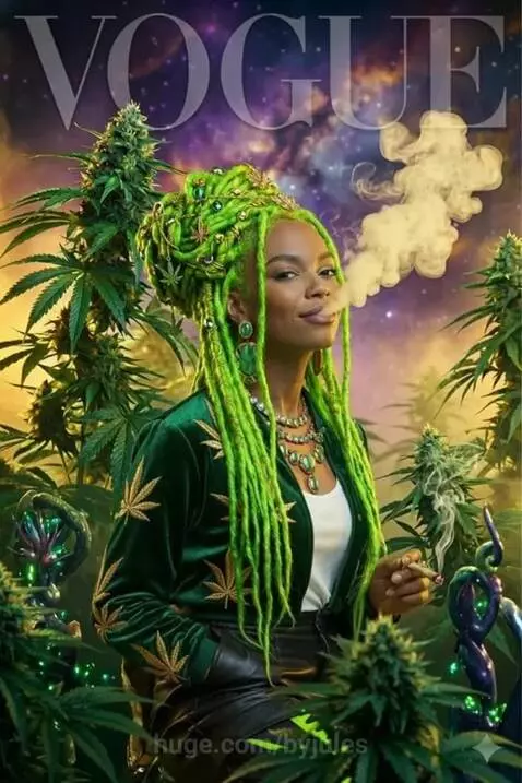 Woman with green dreadlocks and cannabis leaf jacket on a cosmic background, holding a lit joint.