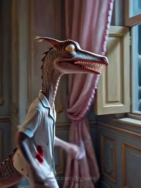 Cartoon reptilian monster in blood-stained pajamas howling at a full moon from a window.