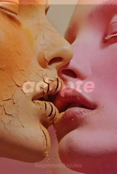 Close-up of a cracked orange face kissing a smooth pink face, with pieces crumbling from lips.