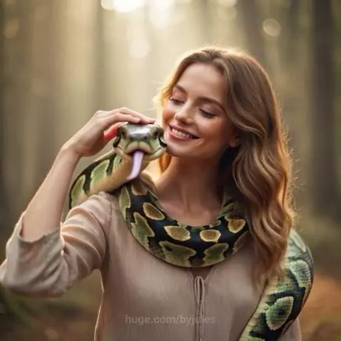 Woman in a light dress interacting peacefully with deer, a fox, an owl, rabbits, and a wolf in a forest and mountain setting.