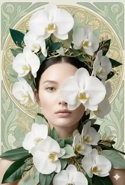 Art Nouveau portrait of a woman with white orchids and green leaves, transitioning to a full-body shot in a forest.