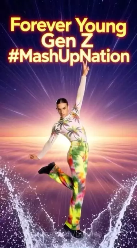 Young people in colorful tie-dye dancing energetically in a surreal landscape with planets.