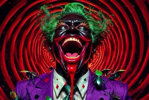 Joker-like character with green hair and glowing eyes, emerging from a playing card, with cannabis leaves and purple smoke.