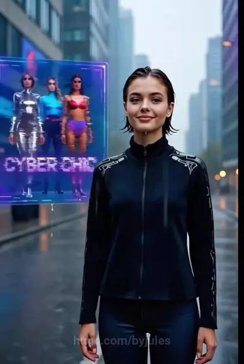 Woman in silver metallic bodysuit and knee-high boots posing in a neon-lit futuristic city street.
