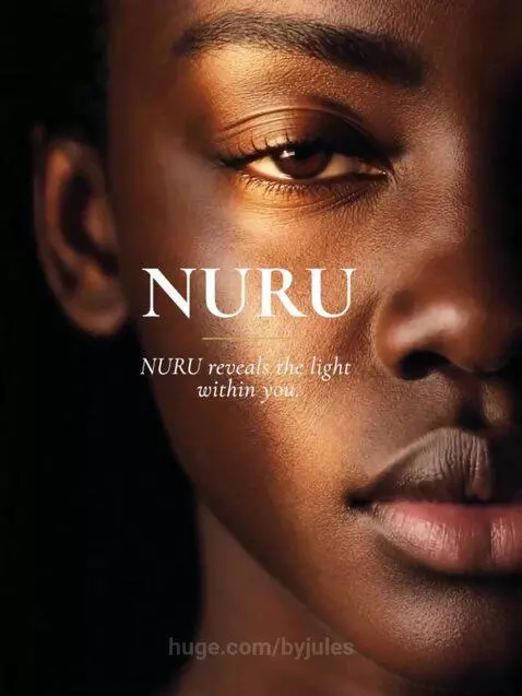Close-up of a woman's face illuminated by warm light, with the NURU logo and product bottle visible.