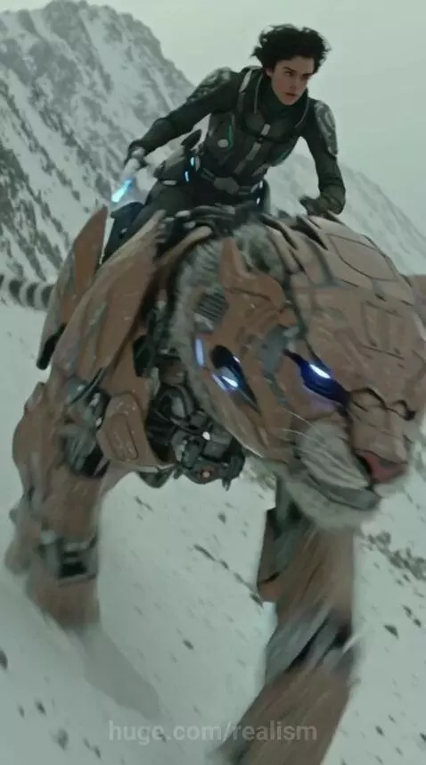 Lion running in snow by realism