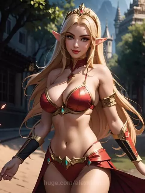 Stylized blonde female elf with pointed ears, golden crown, and red and gold outfit, smiling at the viewer in a fantasy setting.