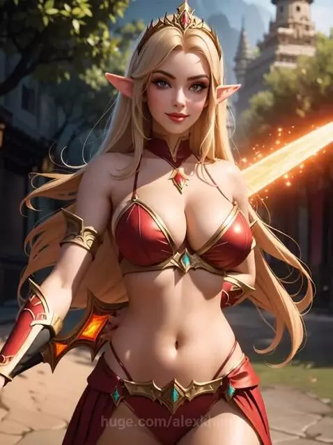 Animated blonde elf woman in red and gold bikini draws a glowing fiery sword, magic aura above head.