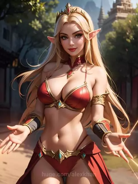 Animated blonde elf woman with crown and bikini outfit, casting golden light in a fantasy outdoor setting.