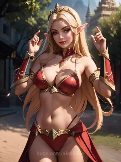 Blonde elf-like woman with pointed ears and a golden crown, wearing a fantasy bikini, making a silly face.