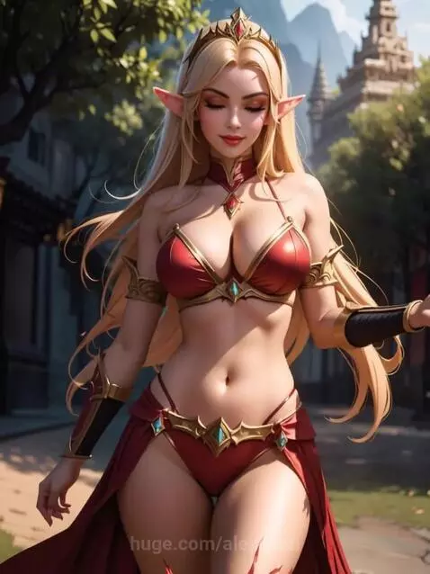 Animated blonde elf woman in red bikini transforms into a powerful demonic warrior with fiery armor, sword, and shield.