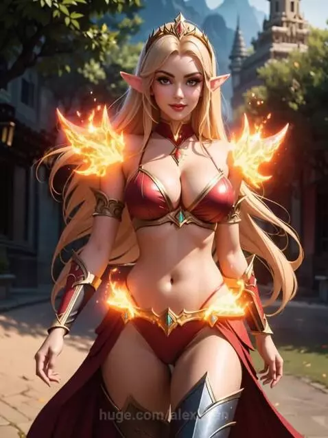 Animated blonde elf woman in revealing outfit transforms into fiery battle armor with glowing wings and a fire mace.