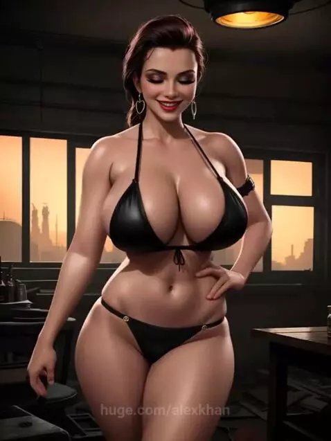 Stylized animated woman with dark hair, fair skin, and a black string bikini, posing indoors with a cityscape view.