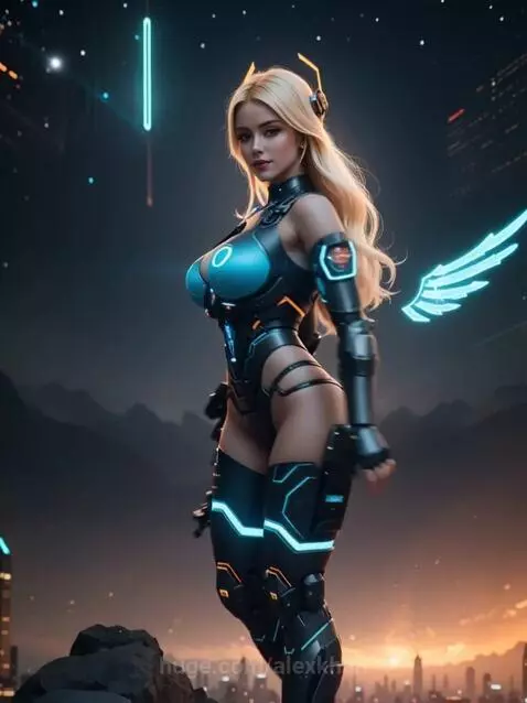 Cyber angel with glowing purple wings ascending into a swirling cosmic portal.