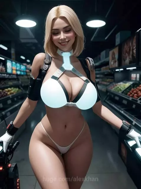 Blonde woman with futuristic white bikini top and thong smiling in a supermarket aisle with produce shelves.