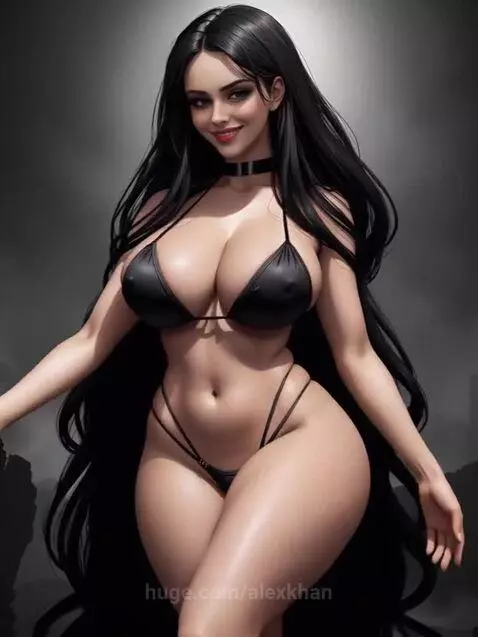 Animated woman with long black hair, wearing a black bikini and choker, posing suggestively against a dark background.