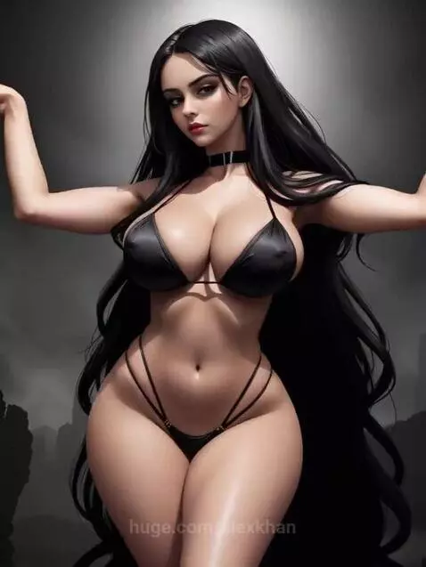 AI-generated woman with long black hair, dark eyes, and a choker, wearing a revealing black string bikini, posing suggestively.