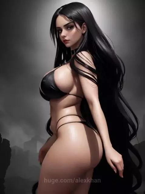 AI-generated woman with long black hair, wearing a black string bikini, posing suggestively against a dark background.
