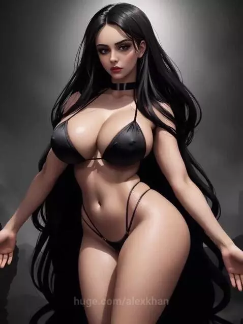 Woman with long dark hair and curvy figure wearing a black string bikini and choker against a dark, abstract background.