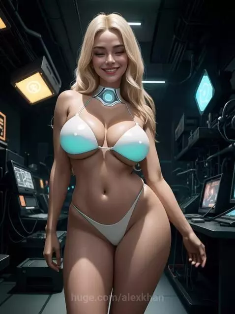 Blonde woman in a white bikini with glowing blue accents and a futuristic collar, dancing in a cyberpunk control room.