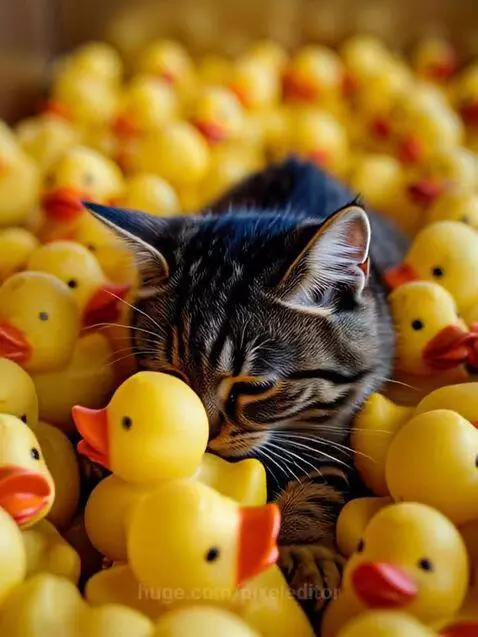 Tabby cat with bright green eyes playing and diving into a large pile of yellow rubber ducks.