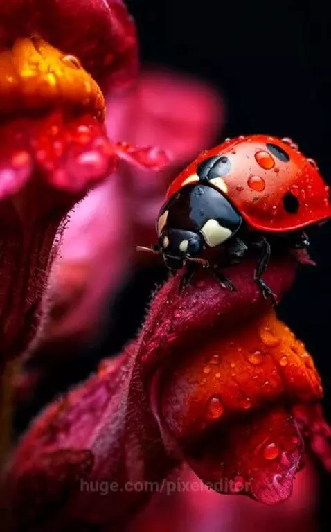 Close-up of a red ladybug with black spots and water droplets on a flower petal.