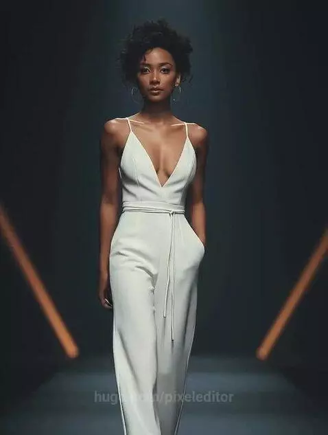 Model with dark curly hair wearing a white sleeveless jumpsuit with a tie-waist walks on a dark runway.