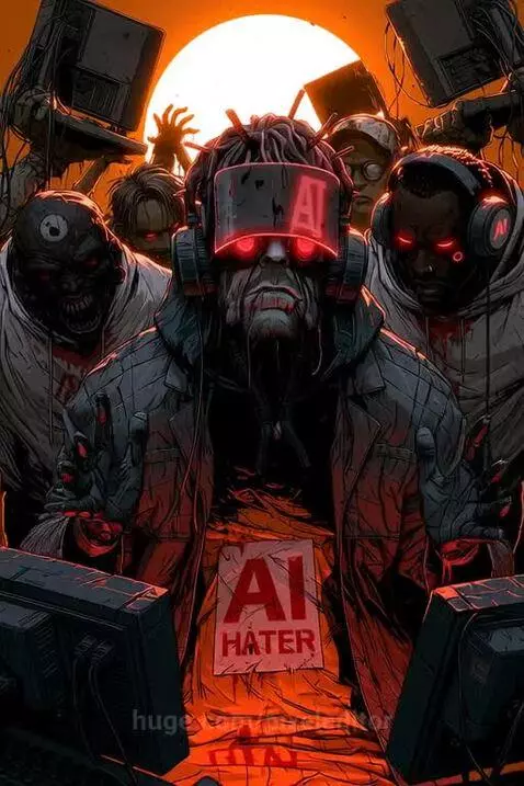 Man with VR headset and 'AI HATER' shirt, surrounded by menacing figures with red eyes, under a large orange sun.