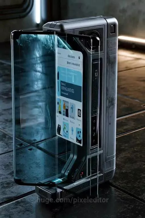 Futuristic foldable smartphone concept with a translucent blue screen displaying a holographic user interface.