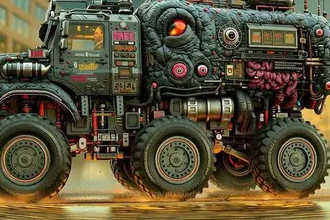 Custom 6-wheel drive vehicle with a monstrous, organic design, resembling a creature for a zombie apocalypse, driving on a wet surface.