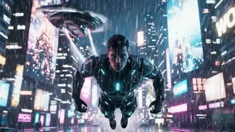 Flying Man  Futuristic Cyberpunk City by pythonistai