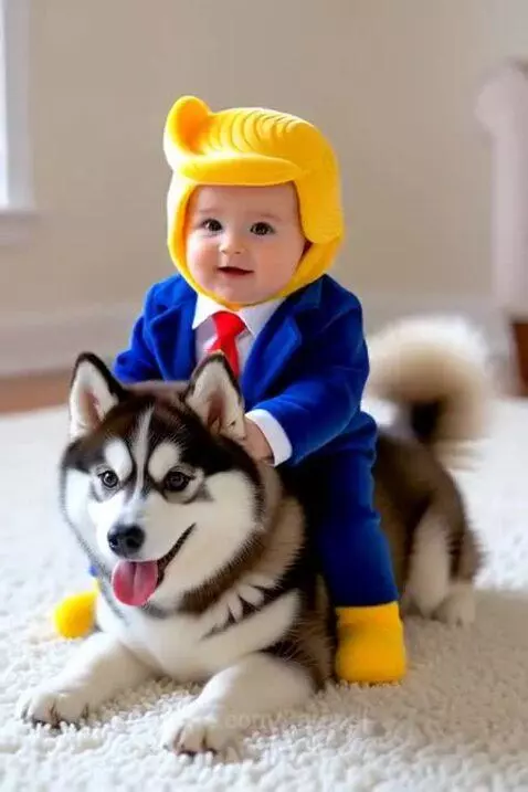 Baby todler in Donald Trump costume riding haski dog by karusel