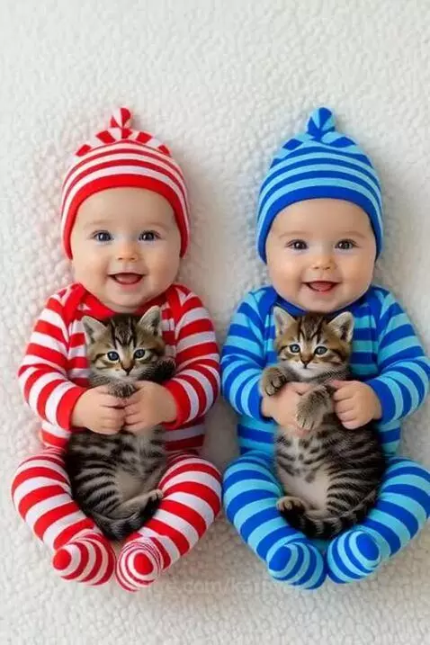 baby todlers play with cats by karusel