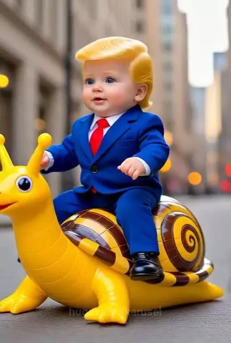 Baby todler Donald Trump riding snail by karusel