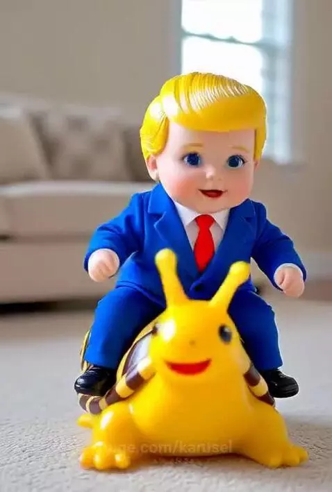 Baby todler Donald Trump riding snail by karusel