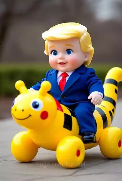 Baby todler Donald Trump riding snail by karusel