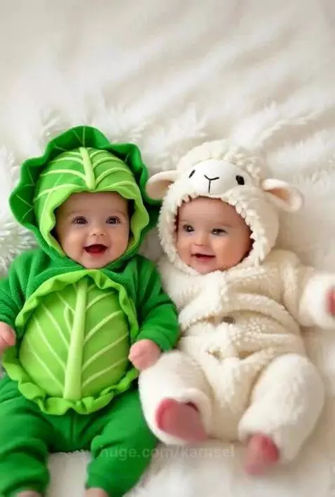 baby todlers twins in funny animals costumes by karusel
