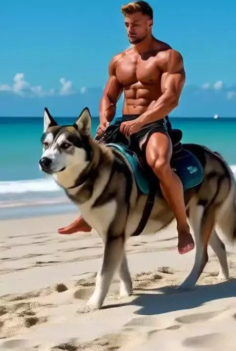 man riding wolf on a beach by karusel