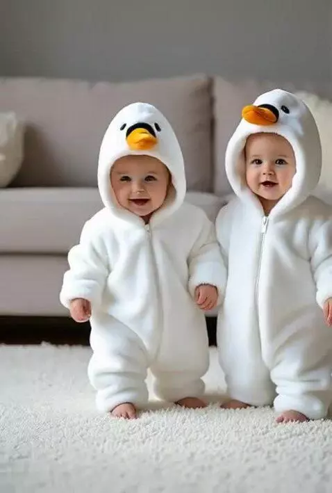 cute baby twins todlers  in anima ducks costumes by karusel