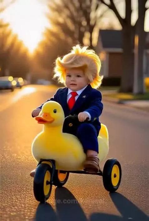 Baby toddler in Donald Trump costume riding a duck by karusel