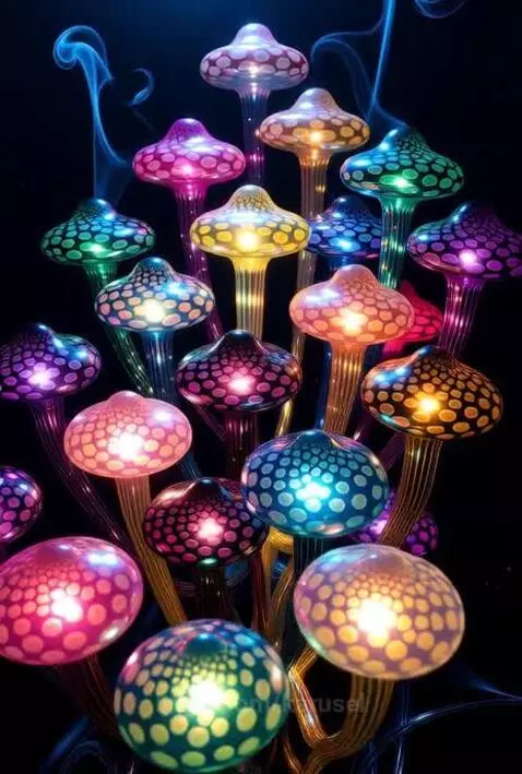 surreal light art glass mushroom installation with sound by karusel