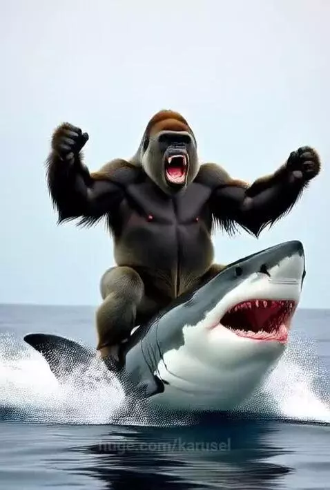 Massive gorilla riding mad Shark by karusel