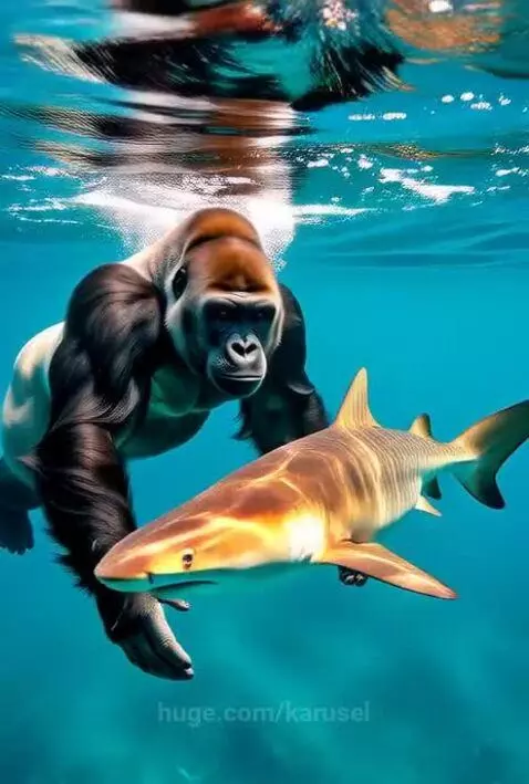 Gorilla swims with shark by karusel