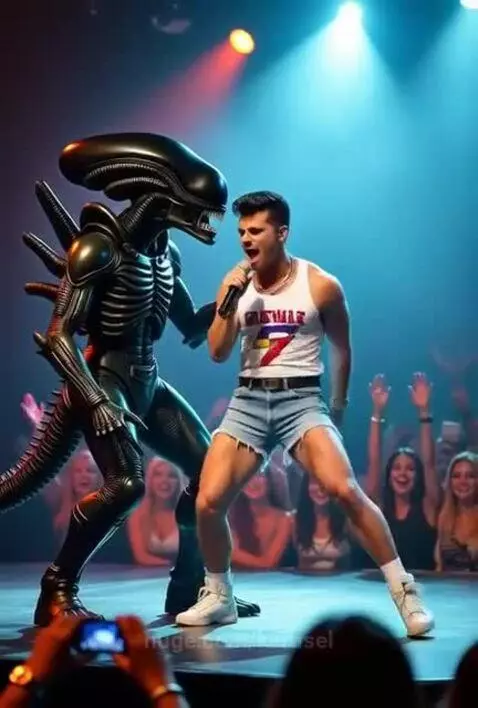 Xenomorph alien duet on rock stage by karusel