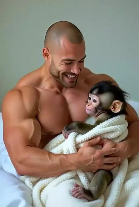 Father nursing a baby monkey by karusel