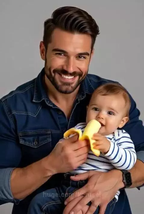 Farther feeding baby toddler with banana mishap by karusel
