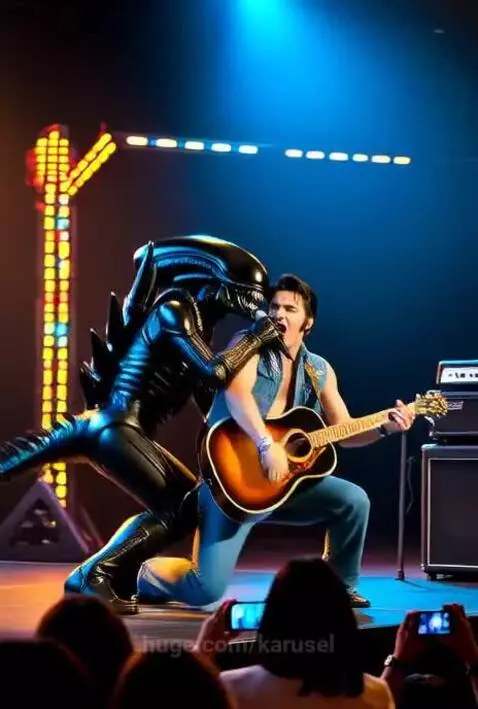 Elvis eats Alien duet performance on stage by karusel