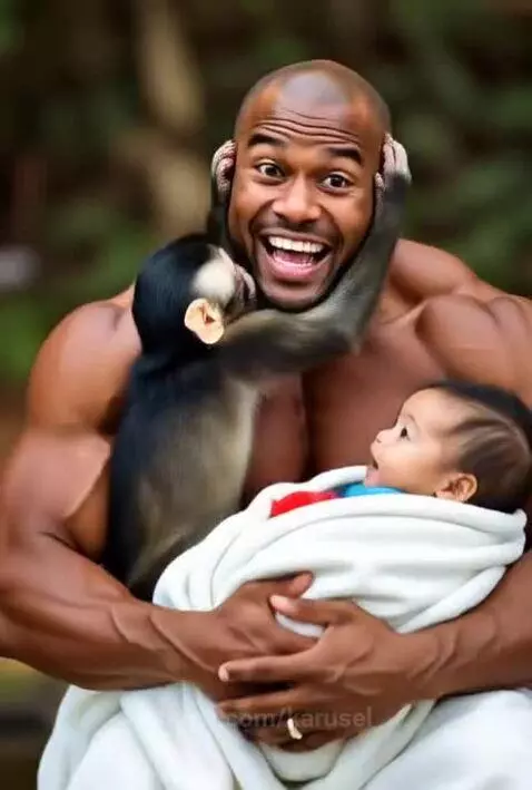 Best father with baby monkey and toddler newborn by karusel