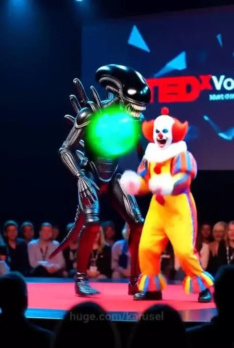 Alien and Clown talk science at TED conference by karusel